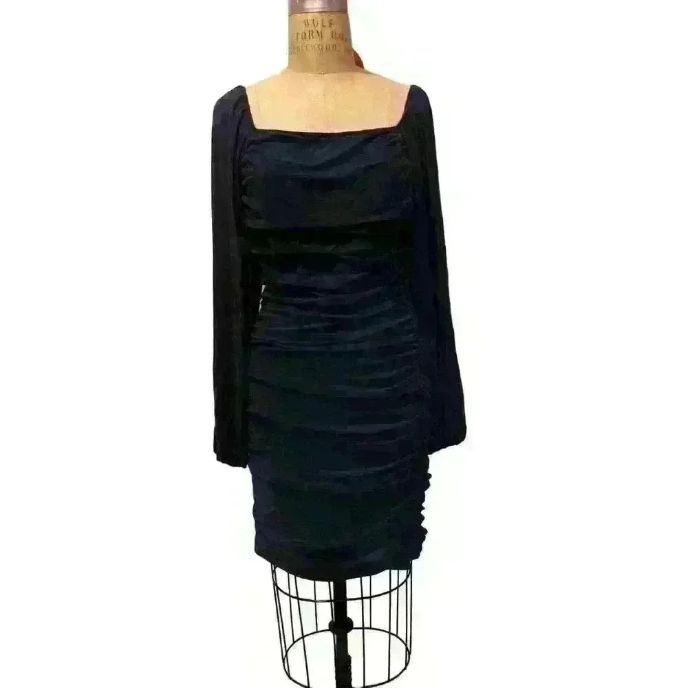 Fashion Square Neck Long Sleeve Ruched Bodycon Dress Blue Size XL